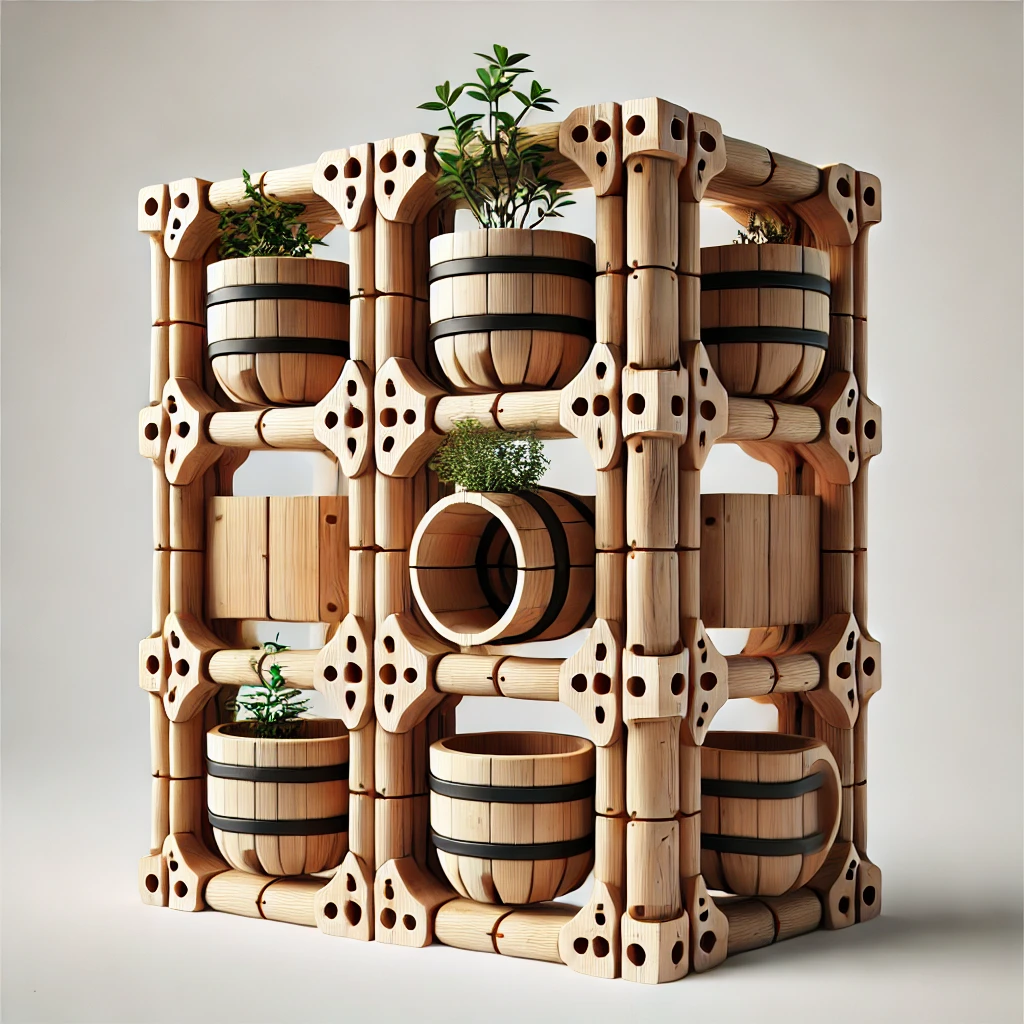 Estrutura feita com eucalipto tratado, altamente durável, resiste a umidade encaixes e parafusos inoxidáveis, nos vasos de eucalipto, encaixe um balde ou tambor na mesma medida interna, assim não danifica a decoração que poderá ser envernizado, e posto próximo a uma janela da cozinha, ou sala de jantar. Peça de alto requinte decorativo. Horta e arte.