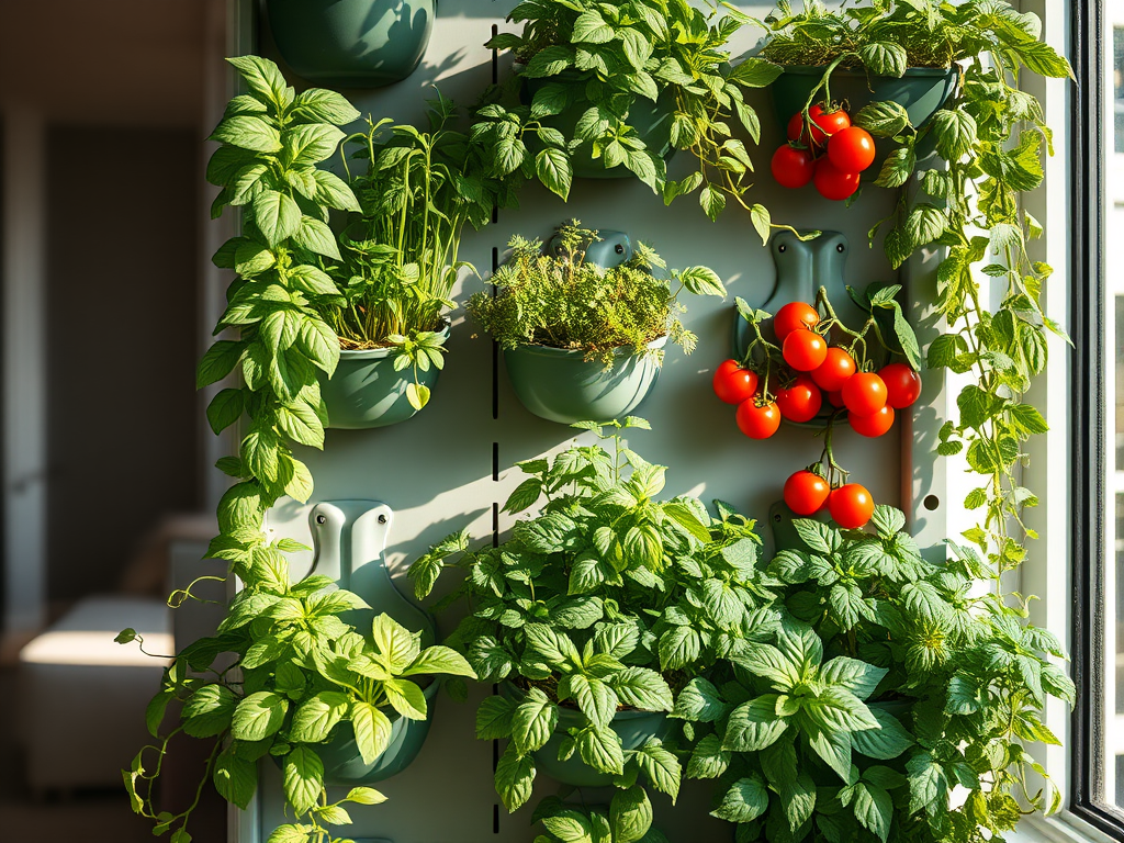 Os frutos fresquinhos estão na parede verde da horta vertical.