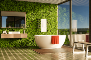 Um verde natural decora a parede ao lado de uma piscina aconchegante.